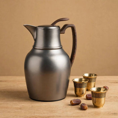 NGT Matt Chrome Thermal Dallah with Wood-Look Handle – 1 Liter