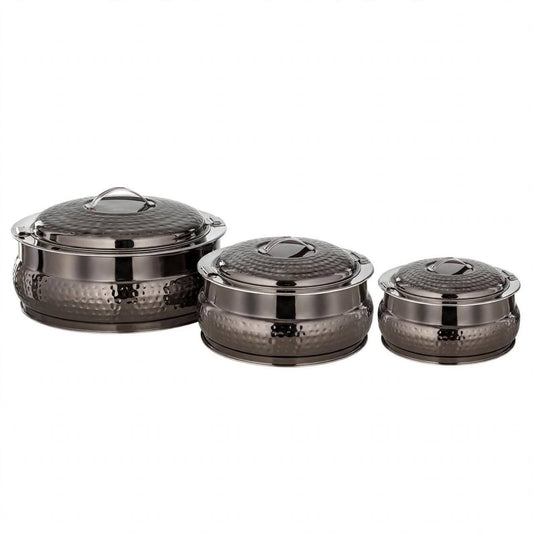 Al Marjan 3-Piece Hammered Dark Chrome Hotpot Serving Set (2.5L, 4.8L, 6L)