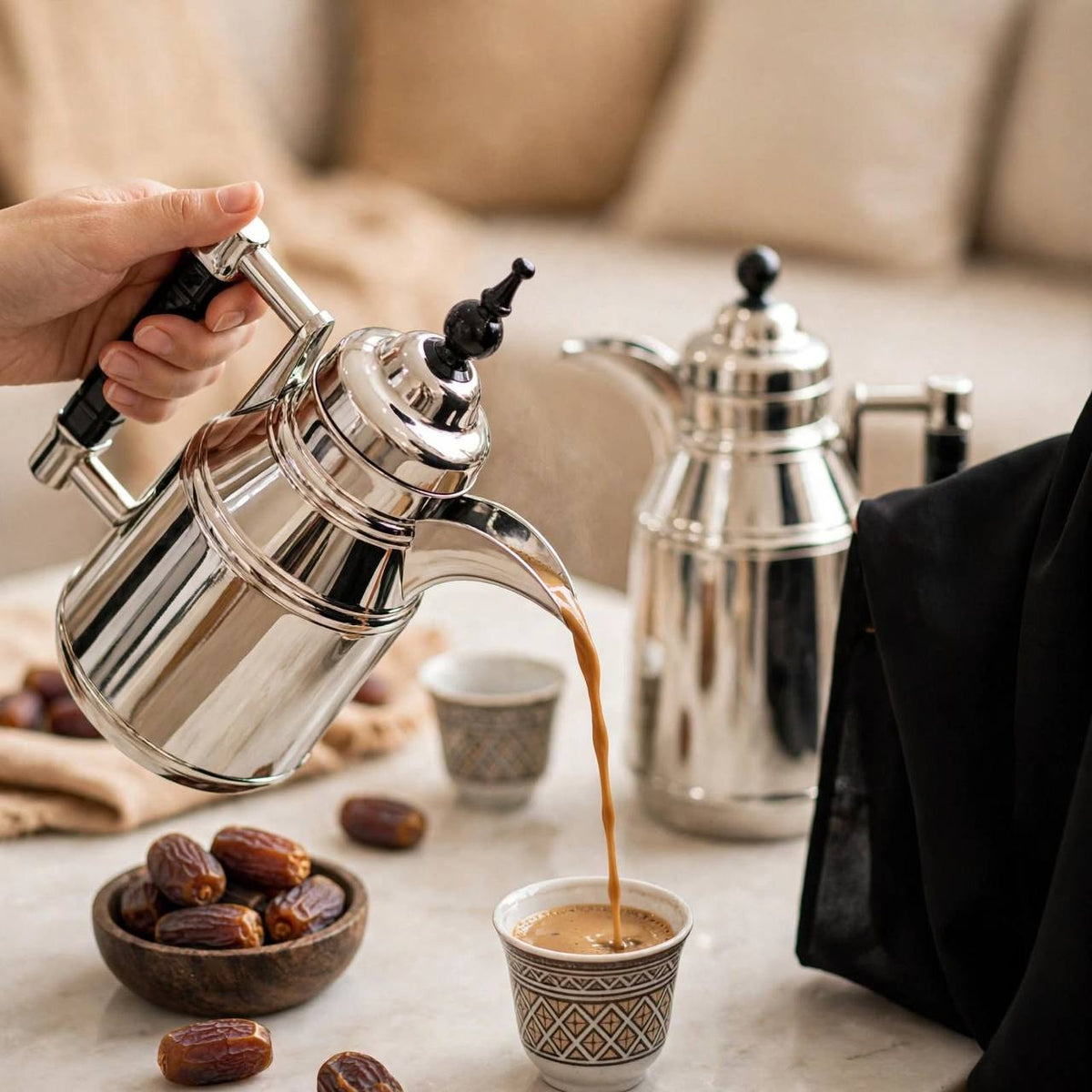 Mahra Polished Silver & Black 2-Piece Thermal Coffee & Tea Dallah Set
