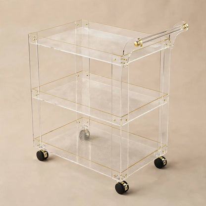3-Tier Clear Acrylic Serving Trolley with Gold Accent Screws and Ribbed Shelves