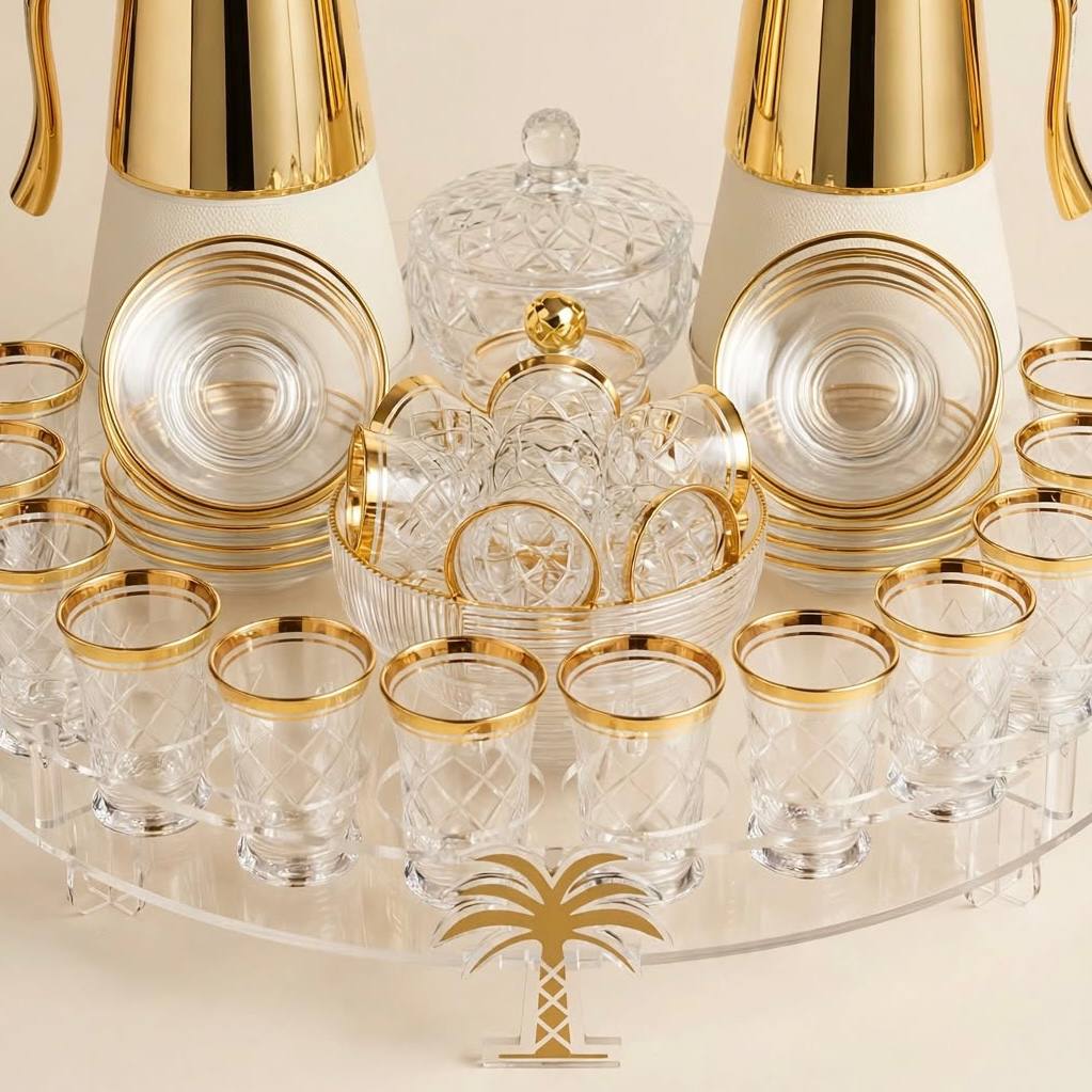 Royal Gold & Crystal Cut Tea & Coffee Hospitality Set with Custom Palm-Tree Acrylic Organizer Tray, Sugar Pot & Date Bowls