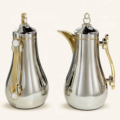 Mahra Silver & Gold Tea & Coffee Hospitality Set – 1.0L & 1.0L Thermal Carafes with 6 Handled Tea Glasses, Saucers, Cawa Cups & Serving Tray