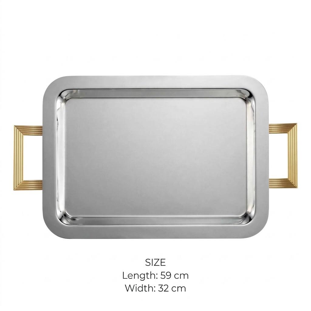 Modern Dual-Tone Stainless Steel Serving Tray with Gilded Fluted Art Deco Handles – 59 × 32 cm
