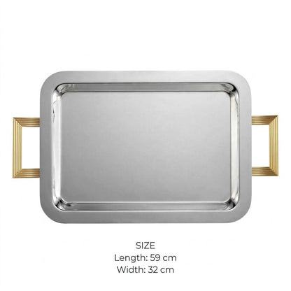 Modern Dual-Tone Stainless Steel Serving Tray with Gilded Fluted Art Deco Handles – 59 × 32 cm