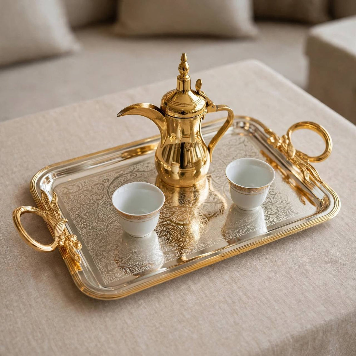 Royal Dual-Tone Arabesque Engraved Stainless Steel Serving Tray with Gilded Rim & Foliage Handles