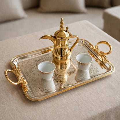 Royal Dual-Tone Arabesque Engraved Stainless Steel Serving Tray with Gilded Rim & Foliage Handles