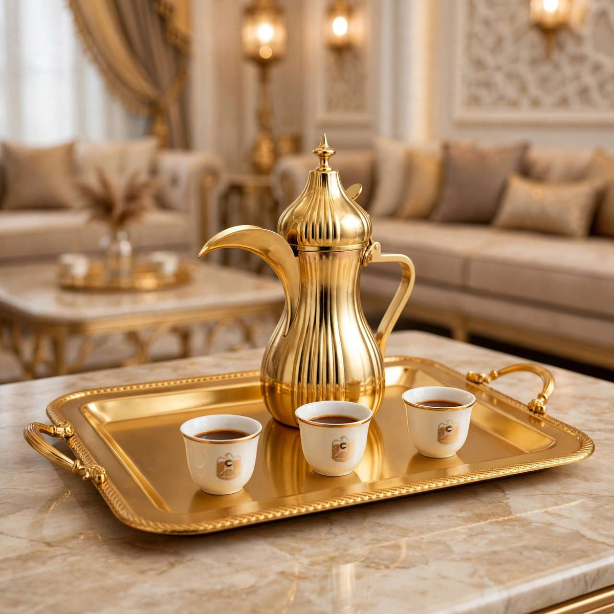 Royal Gilded Stainless Steel Serving Tray with Braided Rope Rim & Baroque Handles