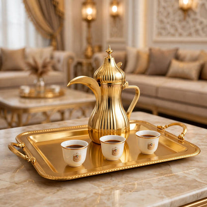 Royal Gilded Stainless Steel Serving Tray with Braided Rope Rim & Baroque Handles