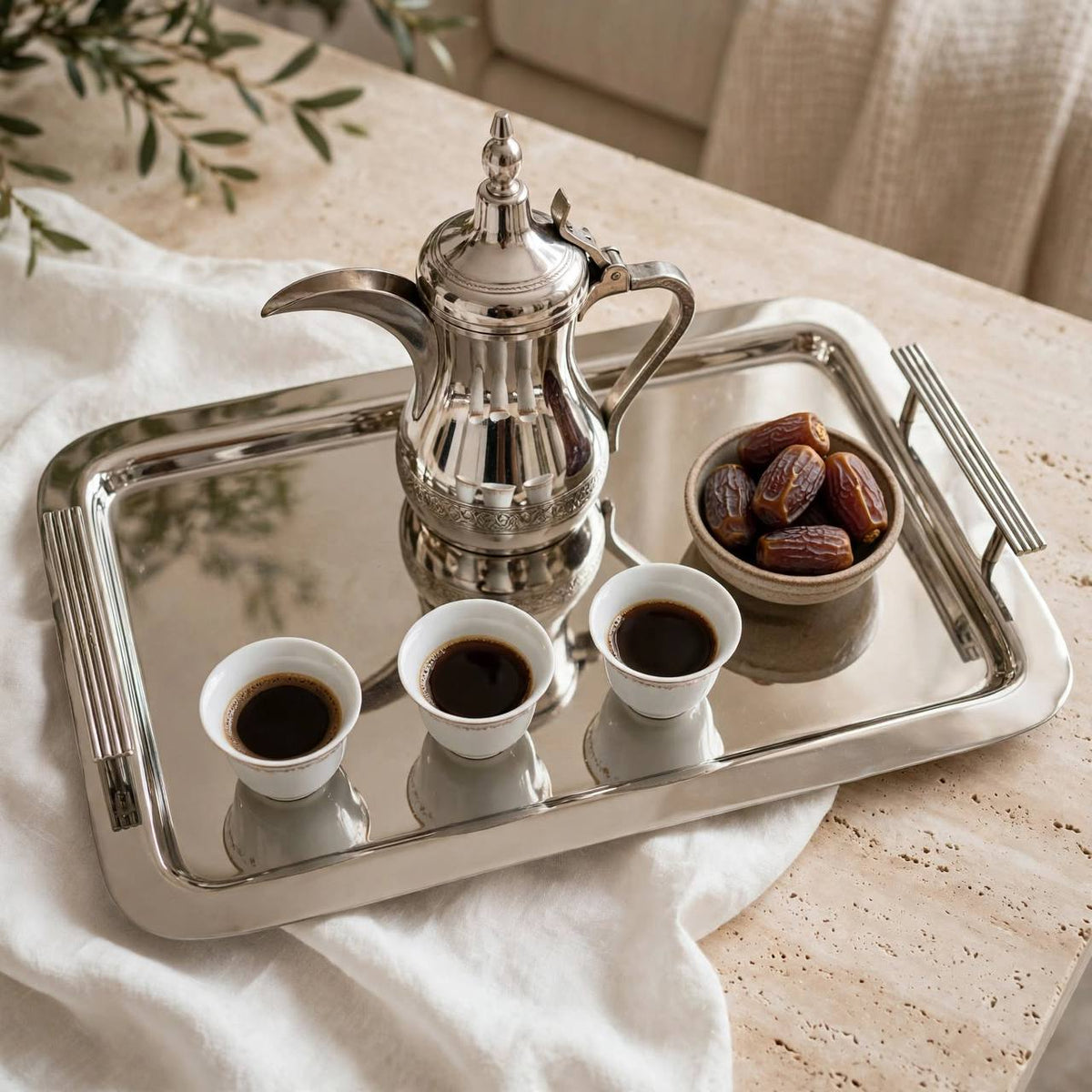 Modern Mirror Chrome Stainless Steel Serving Tray with Fluted Side Handles – 34 × 27 cm