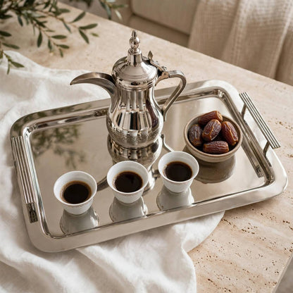 Modern Mirror Chrome Stainless Steel Serving Tray with Fluted Side Handles – 34 × 27 cm