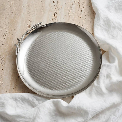 Artisanal All-Silver Round Stainless Steel Serving Platter with Hammered Center & Sculpted Wheat Sheaf Accent – 27 × 26 cm