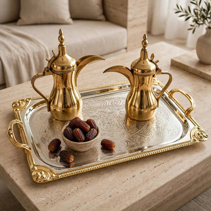 Royal Dual-Tone Stainless Steel Serving Platter with Deep Arabesque Etching & Gilded Baroque Corners – 52 × 35 cm
