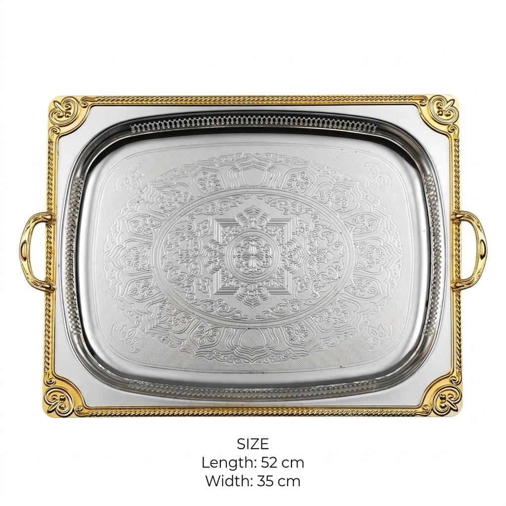 Royal Dual-Tone Baroque Stainless Steel Serving Platter with Arabesque Etching, Pierced Gallery & Gilded Accents – 52 × 35 cm