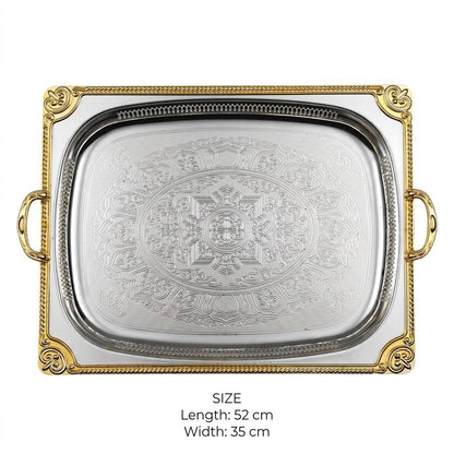 Royal Dual-Tone Baroque Stainless Steel Serving Platter with Arabesque Etching, Pierced Gallery & Gilded Accents – 52 × 35 cm