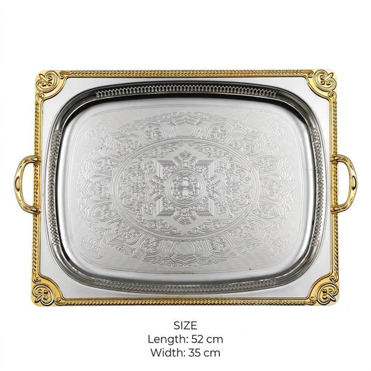 Royal Dual-Tone Baroque Stainless Steel Serving Platter with Arabesque Etching, Pierced Gallery & Gilded Accents – 52 × 35 cm