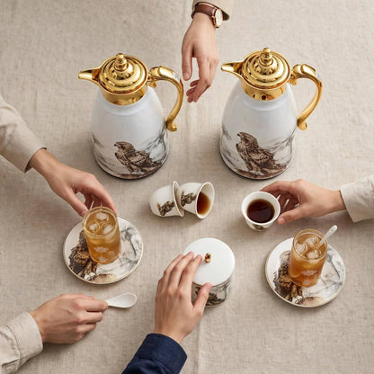 Heritage Falcon Edition 27-Piece Tea & Arabic Coffee Hospitality Set with Gilded Accents & Dual Thermal Carafes