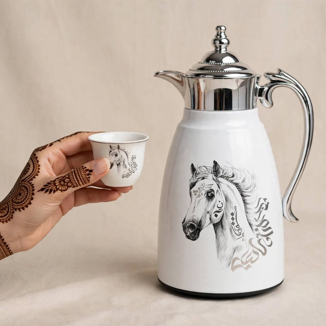 Royal Arabian Stallion 27-Piece Tea & Coffee Hospitality Set with Mirror Chrome Accents & Dual Thermal Carafes