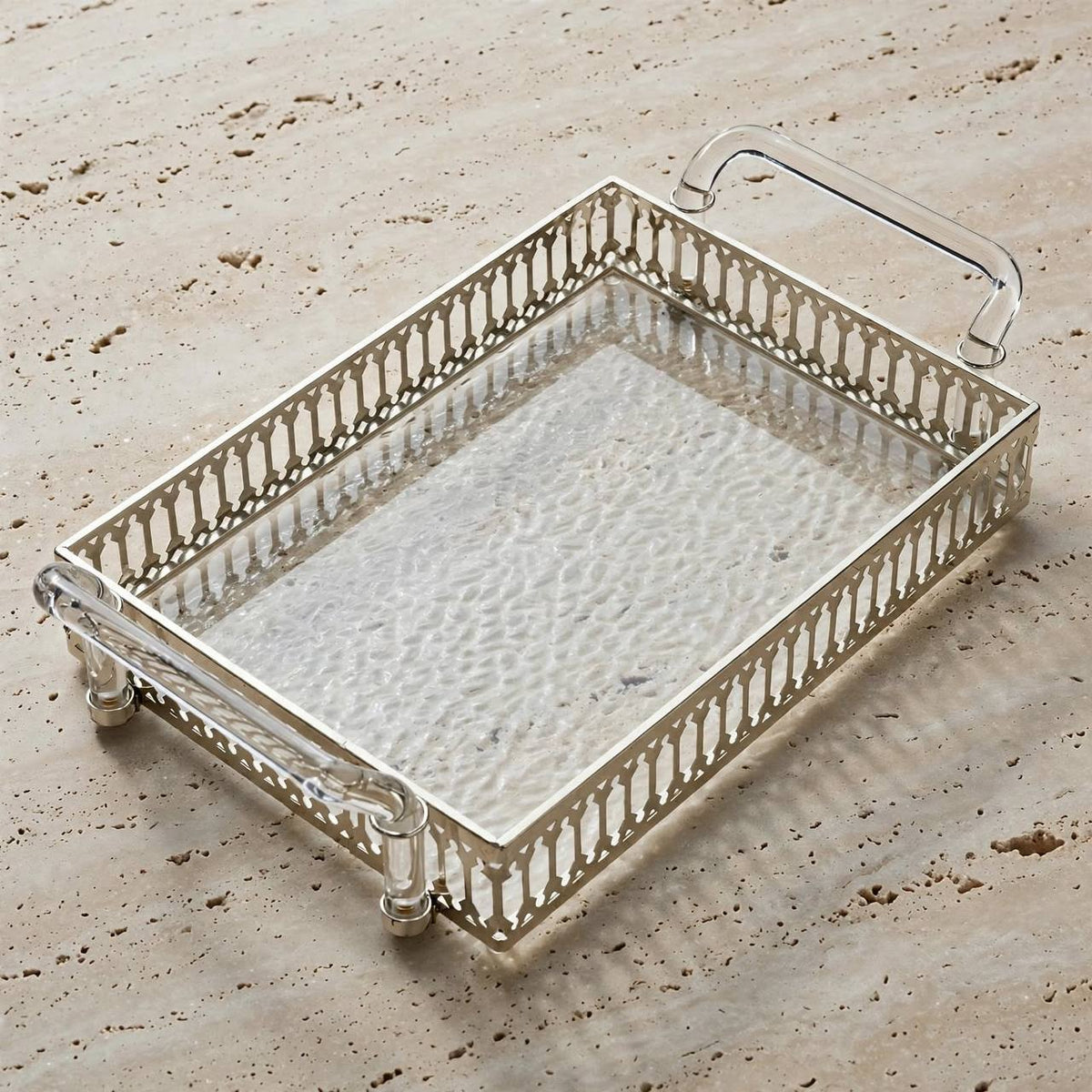 Modern Water-Ripple Acrylic Serving Tray with Silver Pierced Gallery & Clear Acrylic Handles – 44 × 25 cm - Mawaeen