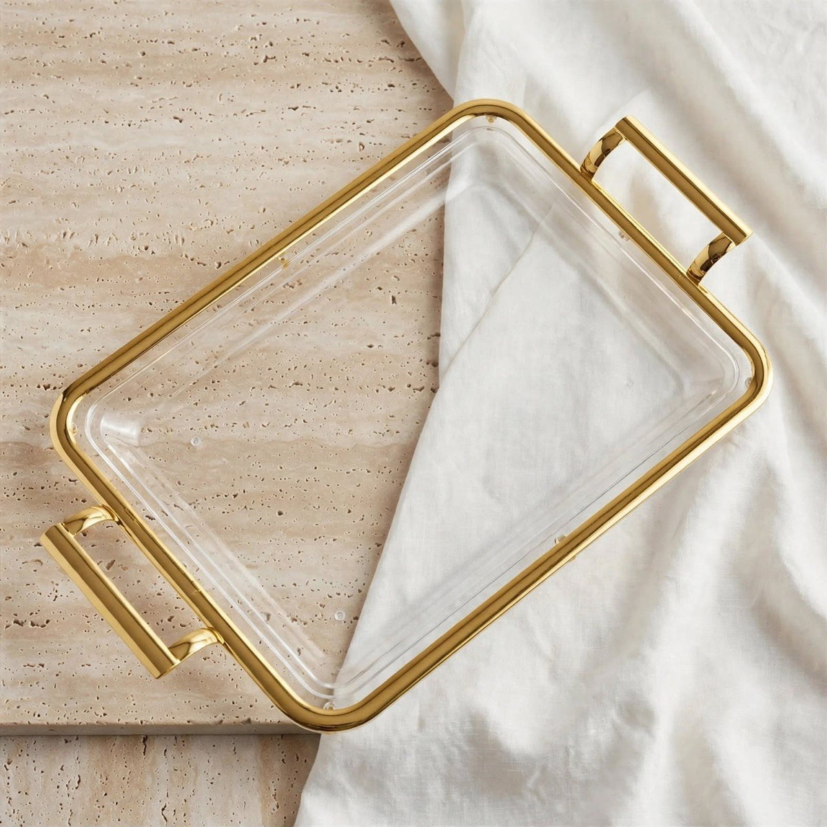 Luxury Minimalist Clear Acrylic Serving Platter with Gilded Frame & Rectangular Metal Handles – 55 × 32 cm