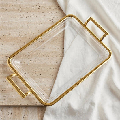 Luxury Minimalist Clear Acrylic Serving Platter with Gilded Frame & Rectangular Metal Handles – 55 × 32 cm