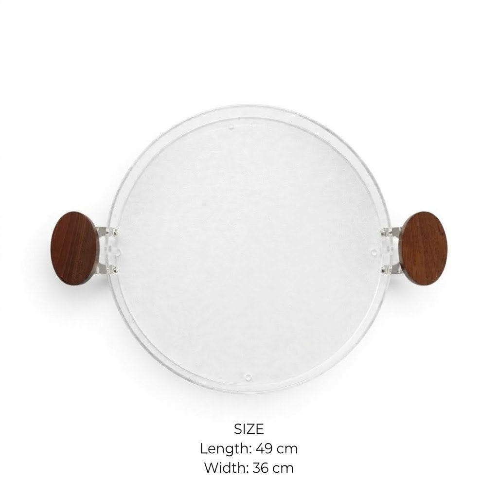 Modern Oval Clear Acrylic Serving Platter with Round Natural Wood Side Handles – 49 × 36 cm