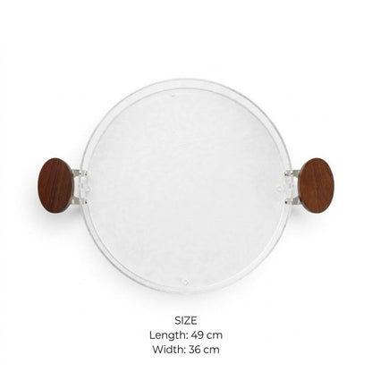 Modern Oval Clear Acrylic Serving Platter with Round Natural Wood Side Handles – 49 × 36 cm
