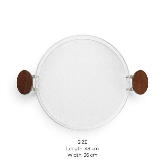 Modern Oval Clear Acrylic Serving Platter with Round Natural Wood Side Handles – 49 × 36 cm