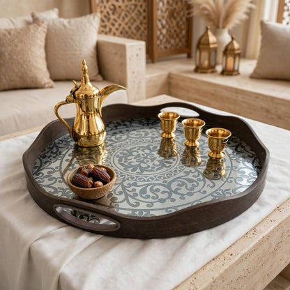 Antique 2-Piece Arabesque Serving Platter Set with Organic Wavy Rim & Handcrafted Finish