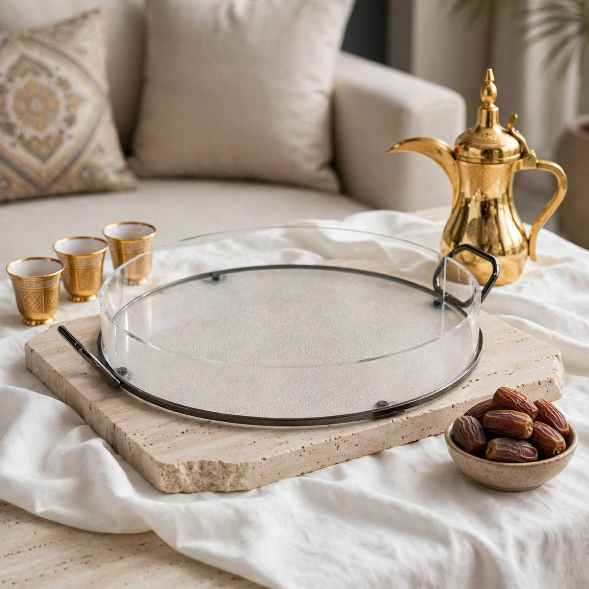 Modern Round Clear Acrylic Serving Platter with Mirror Chrome Frame & Loop Handles – 44 × 36 cm
