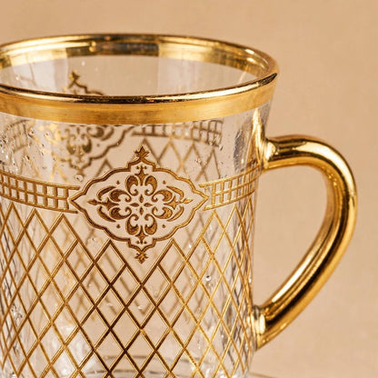 Glass Tea Cups & Saucers 12 Pcs Set Gold Pattern