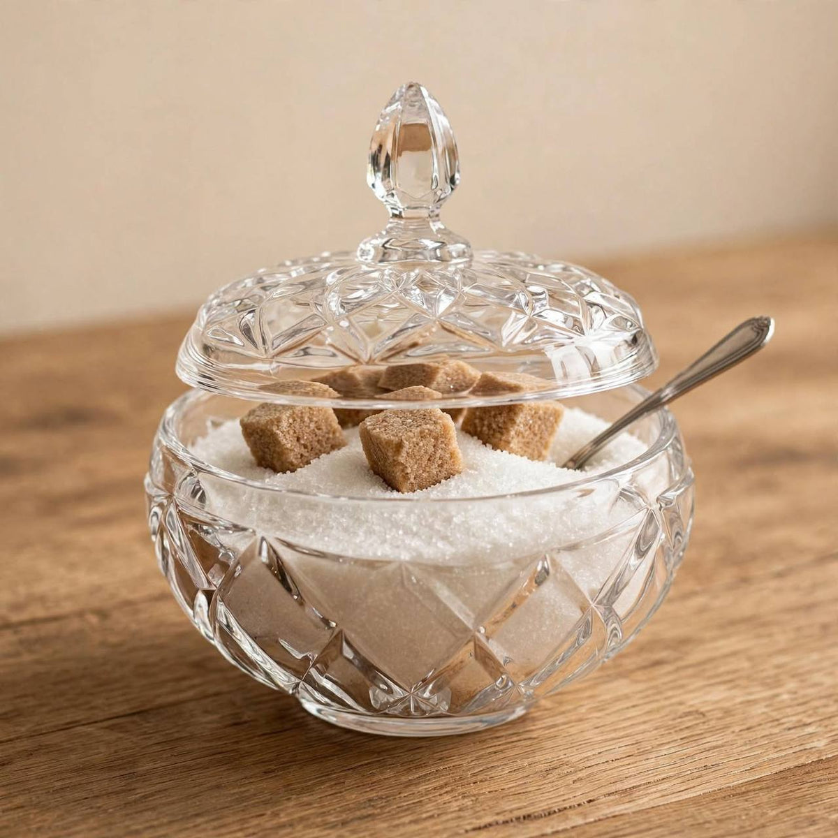 Round Faceted Crystal Glass Sugar & Candy Bowl with Lid – 12x11cm