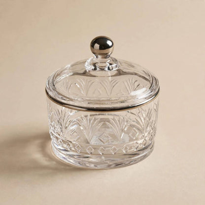 Silver Rim Cut Crystal Glass Sugar Bowl with Lid – 10x9cm