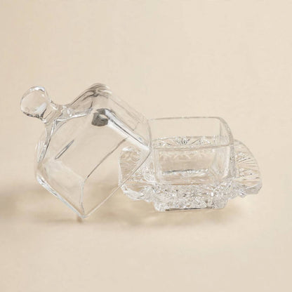 Square Crystal Glass Cloche Sugar & Butter Dish with Lid – 11x10cm