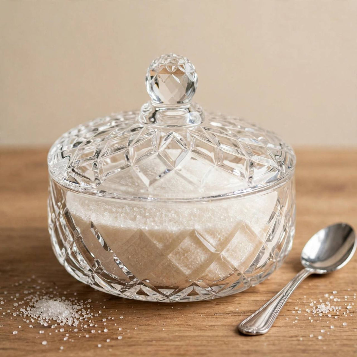 Diamond Cut Crystal Glass Sugar & Treat Bowl with Lid – 10x11cm