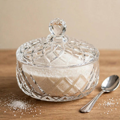 Diamond Cut Crystal Glass Sugar & Treat Bowl with Lid – 10x11cm