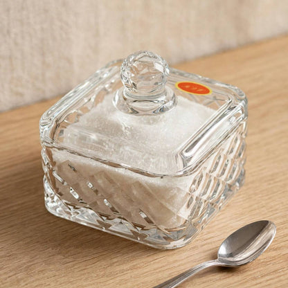 Square Diamond Cut Crystal Glass Sugar Bowl with Lid – 10x11cm