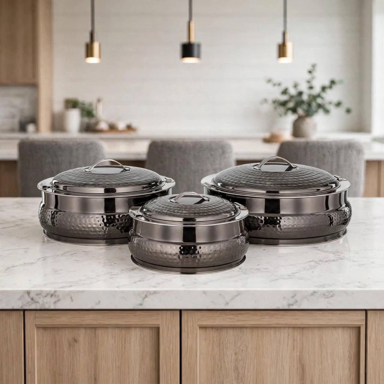 Al Marjan 3-Piece Hammered Dark Chrome Hotpot Serving Set (2.5L, 4.8L, 6L)