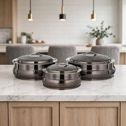 Al Marjan 3-Piece Hammered Dark Chrome Hotpot Serving Set (2.5L, 4.8L, 6L)