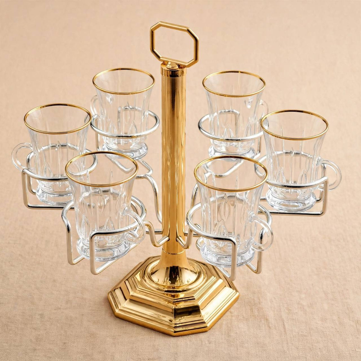 6-Cup Vertical Tea Glass (Estikanat) Holder – Gold & Silver Two-Tone