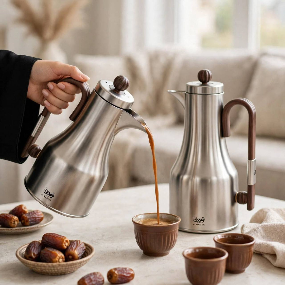 Al Marjan 2-Piece Thermal Flask Set – 1L + 1L (Matt Silver & Wood )