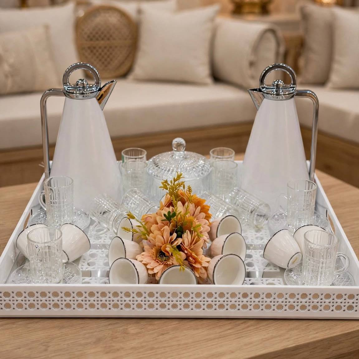 Minimalist White & Chrome Tea & Coffee Hospitality Set with Patterned Tray, Crystal Sugar Pot & Floral Centerpiece