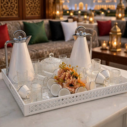 Minimalist White & Chrome Tea & Coffee Hospitality Set with Patterned Tray, Crystal Sugar Pot & Floral Centerpiece