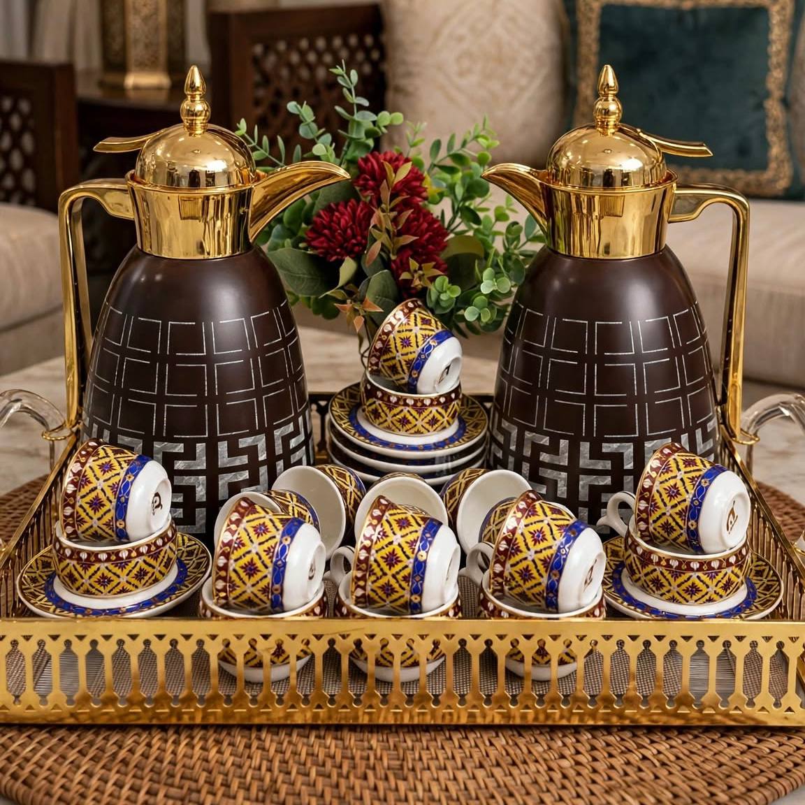 Luxury Tea & Coffee Set with Gold Tray & Floral Accent (Brown & Gold)