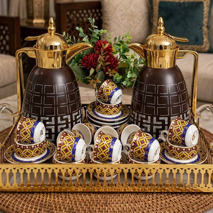 Luxury Tea & Coffee Set with Gold Tray & Floral Accent (Brown & Gold)