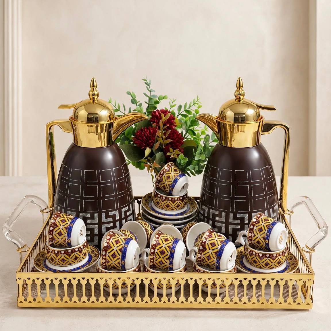 Luxury Tea & Coffee Set with Gold Tray & Floral Accent (Brown & Gold)