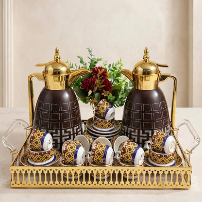 Luxury Tea & Coffee Set with Gold Tray & Floral Accent (Brown & Gold)