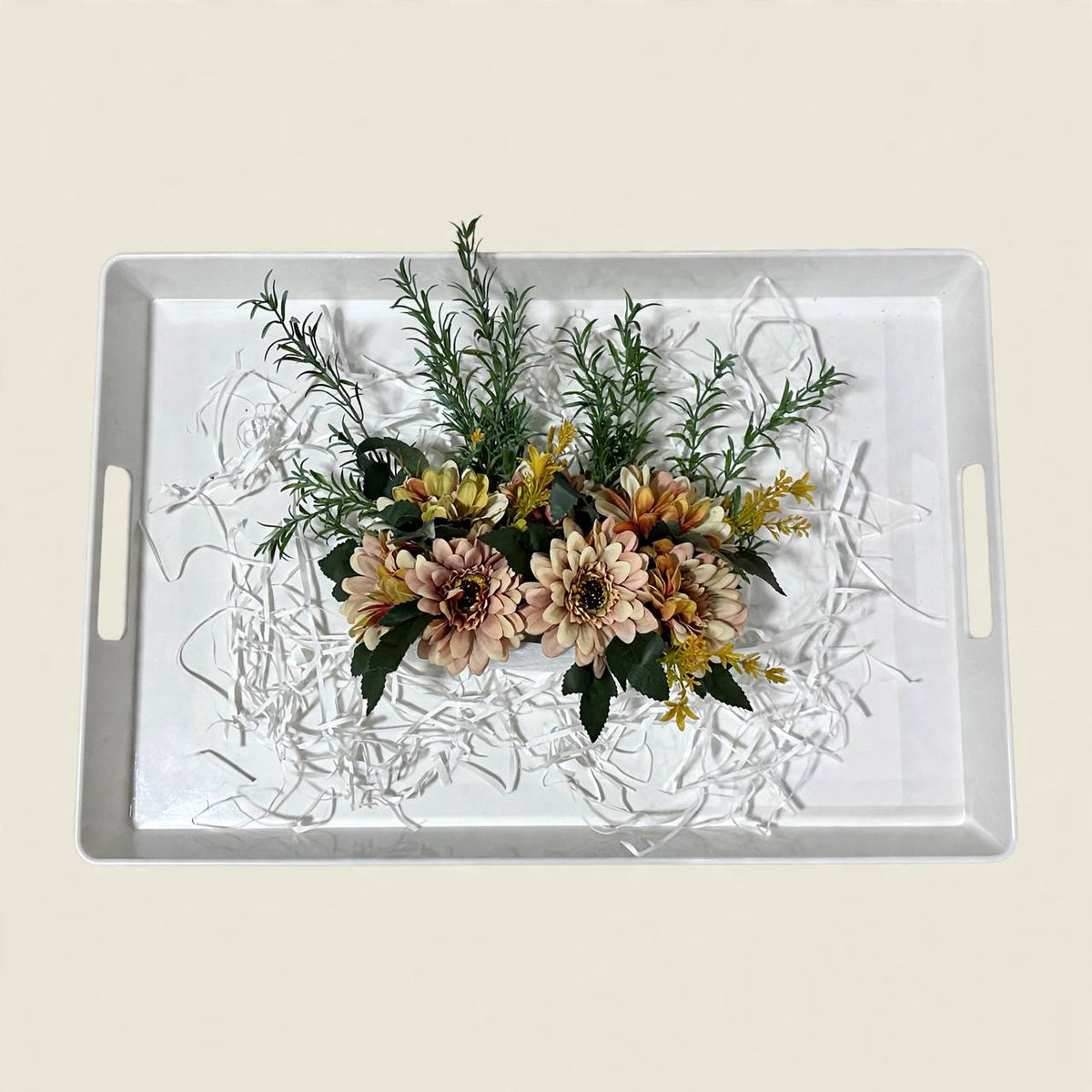 Modern Beige Wave Tea & Coffee Hospitality Set with Floral Porcelain, Sugar Pot, White Serving Tray & Autumn Centerpiece