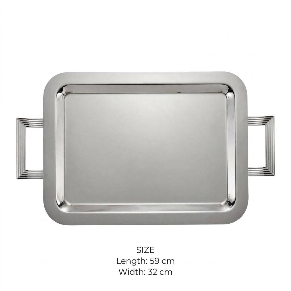 Modern Art Deco Chrome Stainless Steel Serving Tray with Fluted Geometric Handles – 59 × 32 cm