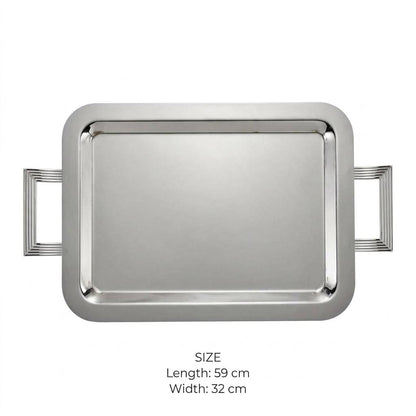 Modern Art Deco Chrome Stainless Steel Serving Tray with Fluted Geometric Handles – 59 × 32 cm