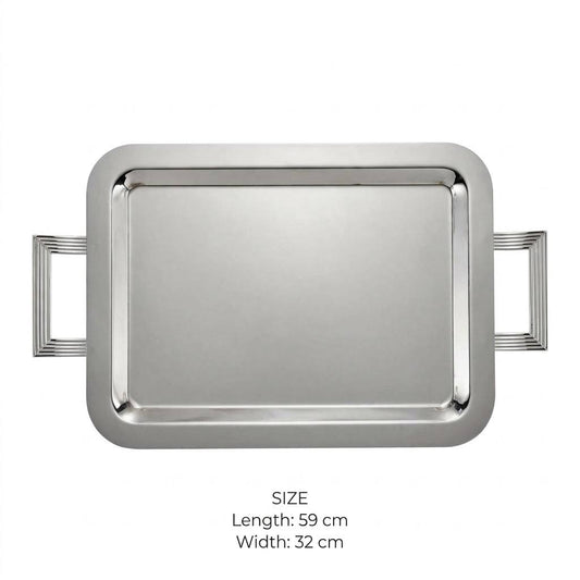 Modern Art Deco Chrome Stainless Steel Serving Tray with Fluted Geometric Handles – 59 × 32 cm